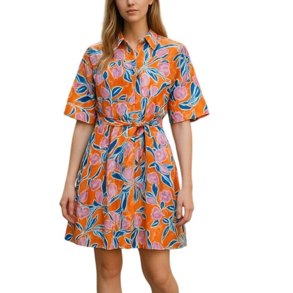 Rachel Antonoff Miriam Tie Waist Shirt Dress Orange Blue Floral Size M